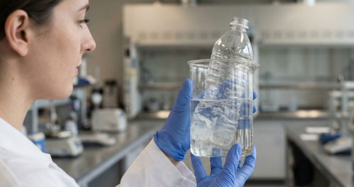 Research personnel in a laboratory with a plastic bottle inside a beaker