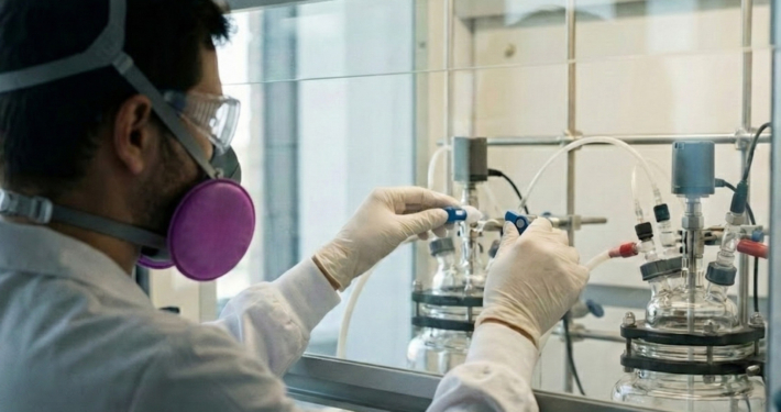 Research staff in a laboratory conducting tests while wearing a mask and protective goggles