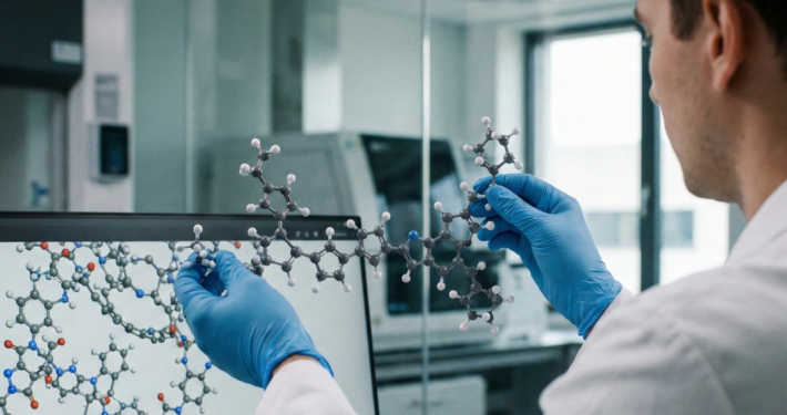 Research staff working with the reproduction of a molecular network in the hands